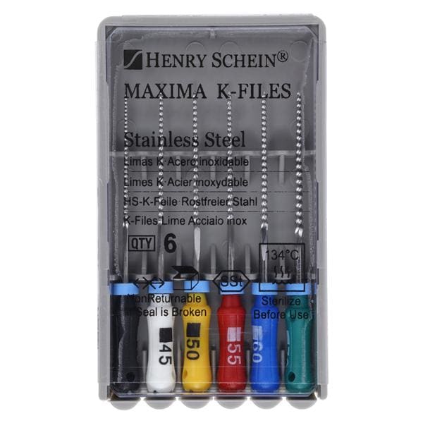 Maxima Hand K-File 25 mm Size 40-70 Stainless Steel Assorted 6/Pk