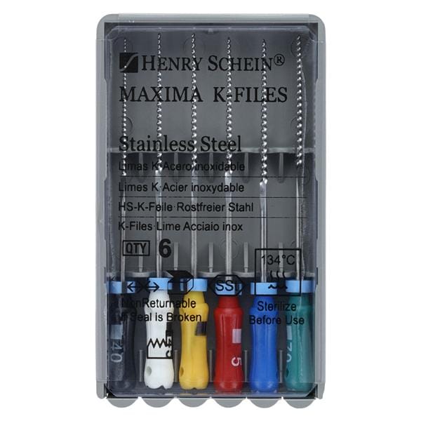 Maxima Hand K-File 31 mm Size 40-70 Stainless Steel Assorted 6/Pk