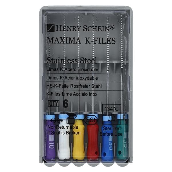 Maxima Hand K-File 31 mm Size 10-35 Stainless Steel Assorted 6/Pk