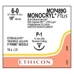 Monocryl Plus Suture 6-0 18" Triclosan/Polyglecaprone 25 Mnflmnt P-1 Undyd 12/Bx