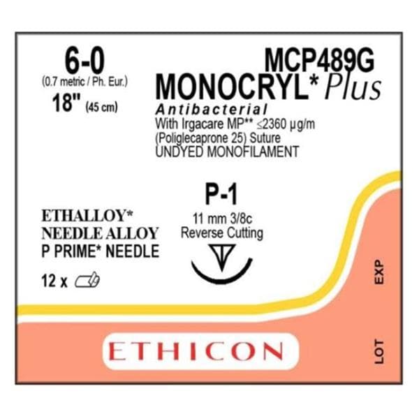 Monocryl Plus Suture 6-0 18" Triclosan/Polyglecaprone 25 Mnflmnt P-1 Undyd 12/Bx