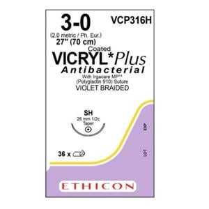 Coated Vicryl Plus Suture 3-0 27" Triclosan/Polyglactin 910 Braid SH Vio 36/Bx
