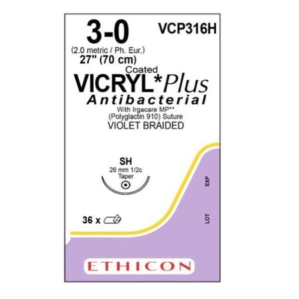 Coated Vicryl Plus Suture 3-0 27" Triclosan/Polyglactin 910 Braid SH Vio 36/Bx