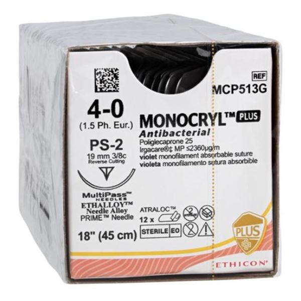Monocryl Plus Suture 4-0 18" Triclosan/Polyglecaprone 25 Mnflmnt PS-2 Vio 12/Bx