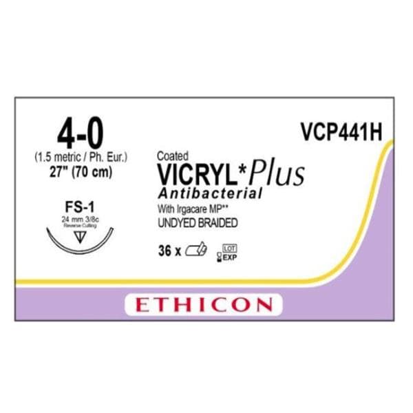 Coated Vicryl Plus Suture 4-0 27" Triclosan/Polyglactin 910 Brd FS-1 Undyd 36/Bx