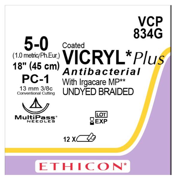 Coated Vicryl Plus Suture 5-0 18" Triclosan/Polyglactin 910 PC-1 Silver 12/Bx