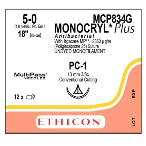 Monocryl Plus Suture 5-0 18" Triclosan/Polyglecaprone 25 Mnflmnt PC1 Undyd 12/Bx