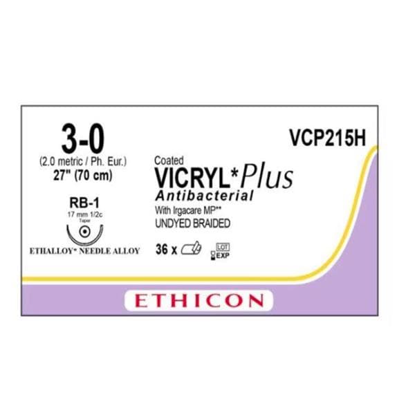 Vicryl Plus Suture 3-0 1x27" Triclosan/Polyglactin 910 Braid RB-1 Undyed 36/Bx
