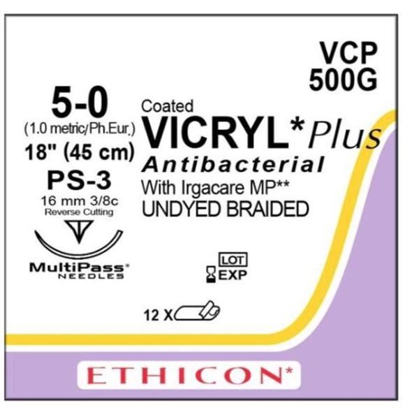 Coated Vicryl Plus Suture 5-0 18" Triclosan/Polyglactin 910 Brd PS-3 Undyd 12/Bx