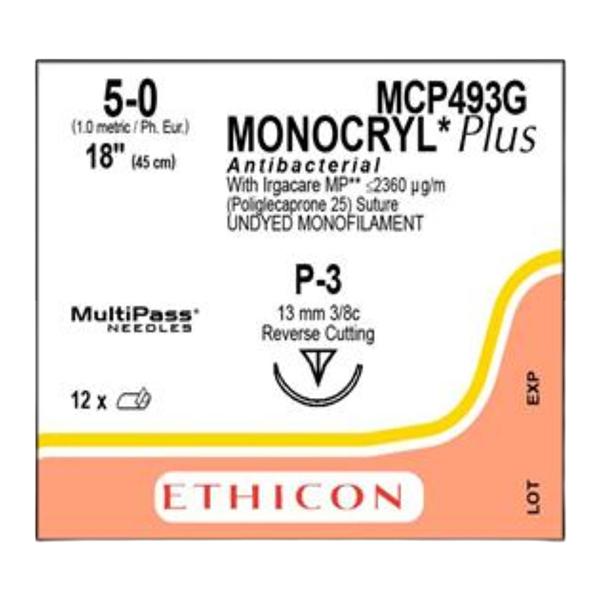 Monocryl Plus Suture 5-0 Triclsn/PCL 25 P-3 Undyed 18" Monofilament Ea