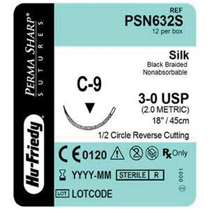 Suture 3-0 Silk C-9 Perma Sharp Black 18" Braid 12/Bx