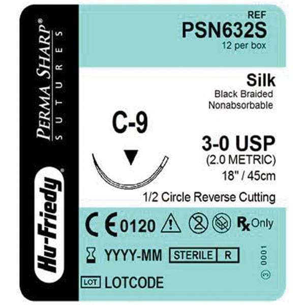 Suture 3-0 Silk C-9 Perma Sharp Black 18" Braid 12/Bx