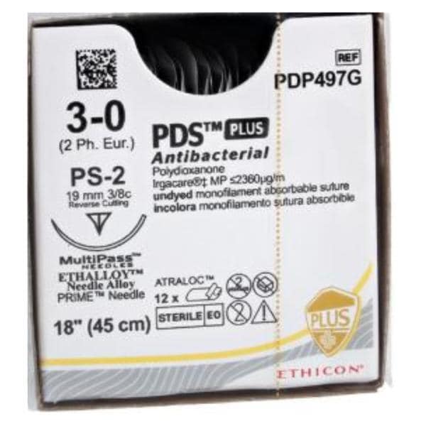 PDS Plus Suture 3-0 18" Triclosan, Polydioxanone Monofilament PS-2 Undyed 12/Bx