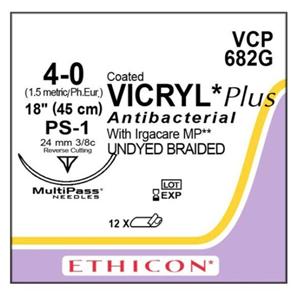 Coated Vicryl Plus Suture 4-0 18" Triclosan/Polyglactin 910 Brd PS-1 Undyd 12/Bx