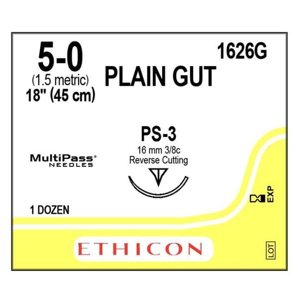 Suture 5-0 Plain Gut PS-3 Yellowish Tan 18" Monofilament 12/Bx