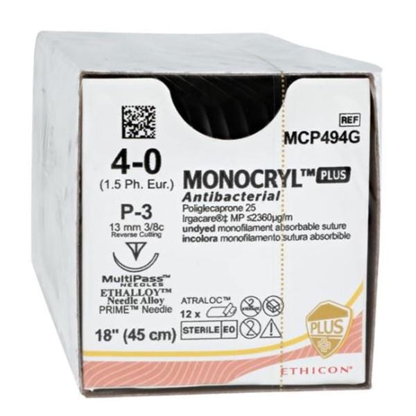 Monocryl Plus Suture 4-0 18" Triclosan/Polyglecaprone 25 Mnflmnt P-3 Undyd 12/Bx