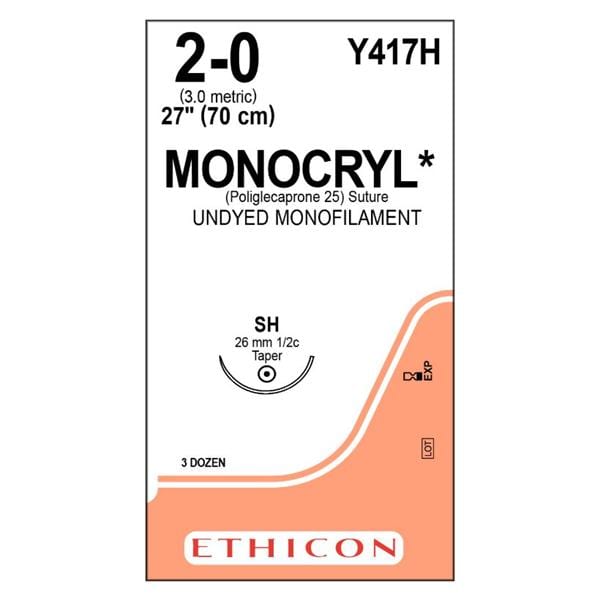 Monocryl Suture 2-0 Poliglecaprone 25 SH Undyed 27" Monofilament 36/Bx