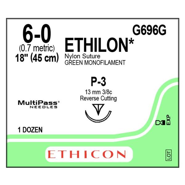 Suture 6-0 Nylon P-3 Ethilon Green 18" Monofilament 12/Bx
