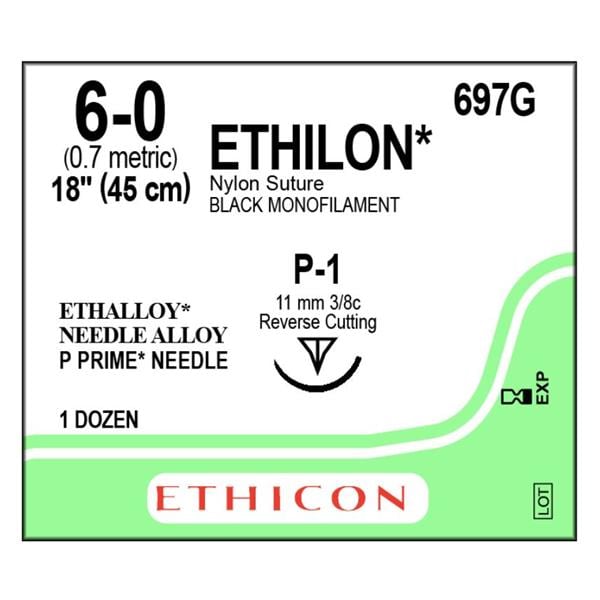 Ethilon Suture 6-0 Nylon P-1 Black 18" Monofilament 12/Bx