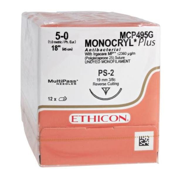 Monocryl Plus Suture 5-0 18" Triclosan/Polyglecaprone 25 Mnflmnt PS2 Undyd 12/Bx