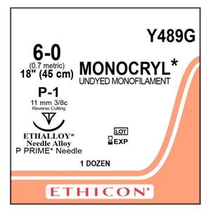 Suture 6-0 Poliglecaprone 25 P-1 Monocryl Undyed 18" Monofilament 12/Bx
