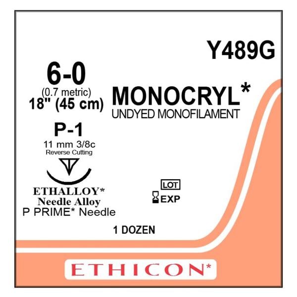 Suture 6-0 Poliglecaprone 25 P-1 Monocryl Undyed 18" Monofilament 12/Bx