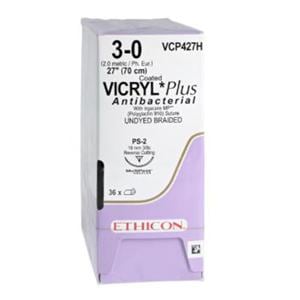 Vicryl Plus Suture 3-0 27" Triclosan/Polyglactin 910 Braid PS-2 Undyed 36/Bx