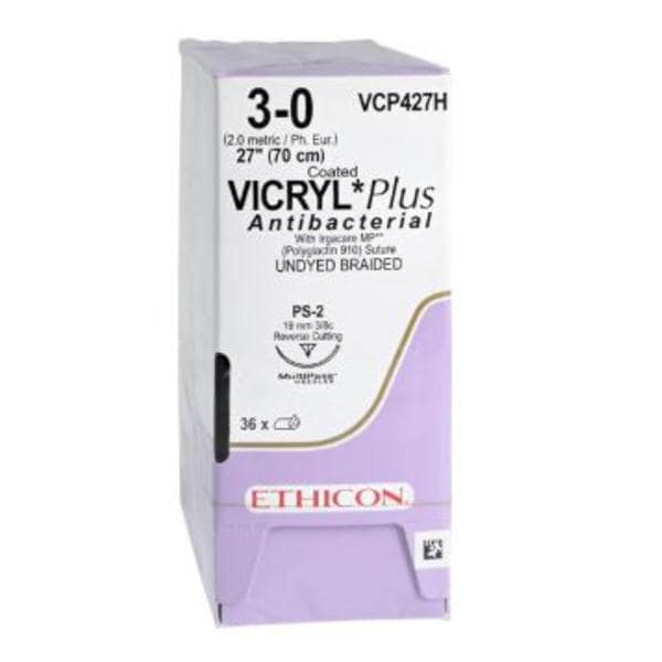 Vicryl Plus Suture 3-0 27" Triclosan/Polyglactin 910 Braid PS-2 Undyed 36/Bx