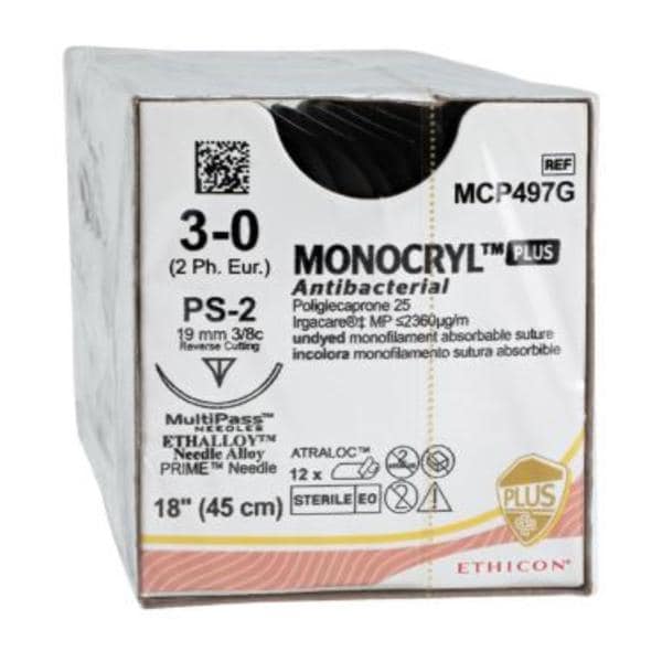 Monocryl Plus Suture 3-0 18" Triclosan/Polyglecaprone 25 Mnflmnt PS2 Undyd 12/Bx