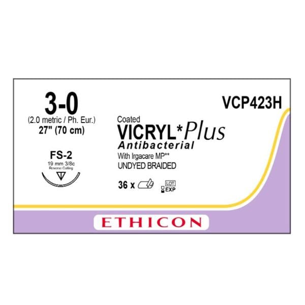 Vicryl Plus Suture 3-0 27" Triclosan/Polyglactin 910 Braid FS-2 Undyed 36/Bx