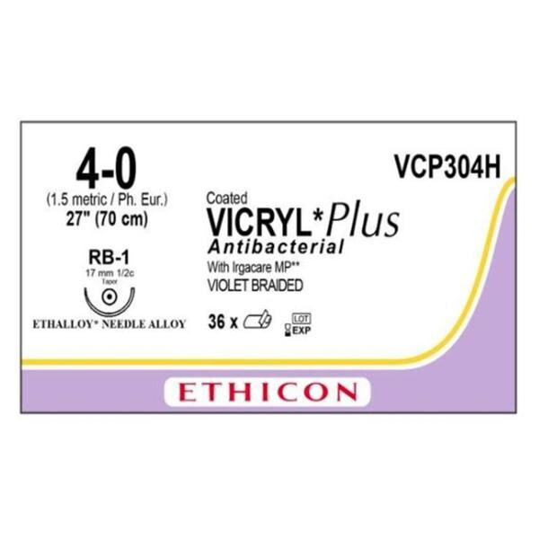 Vicryl Plus Suture 4-0 27" Triclosan/Polyglactin 910 Braid RB-1 Violet 36/Bx