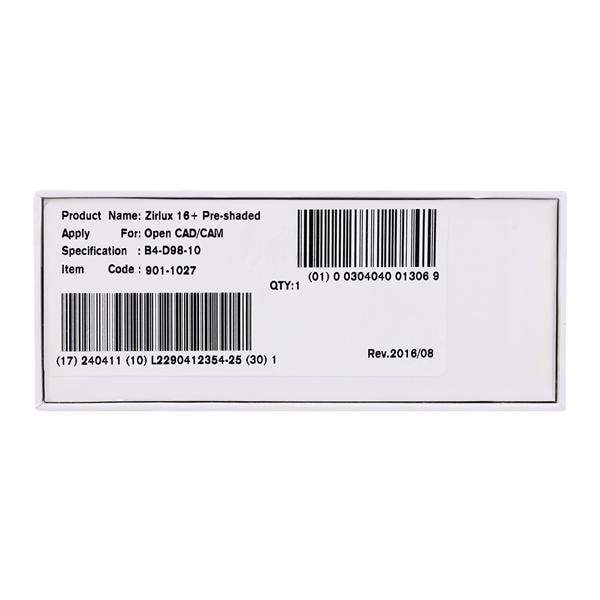 Zirlux16+ Zirconia Disc Preshaded B4 98x10 Ea