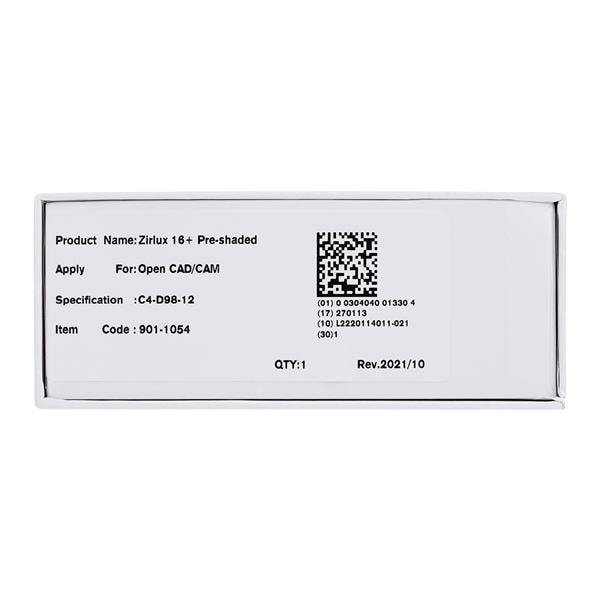 Zirlux16+ Zirconia Disc Preshaded C4 98x12 Ea