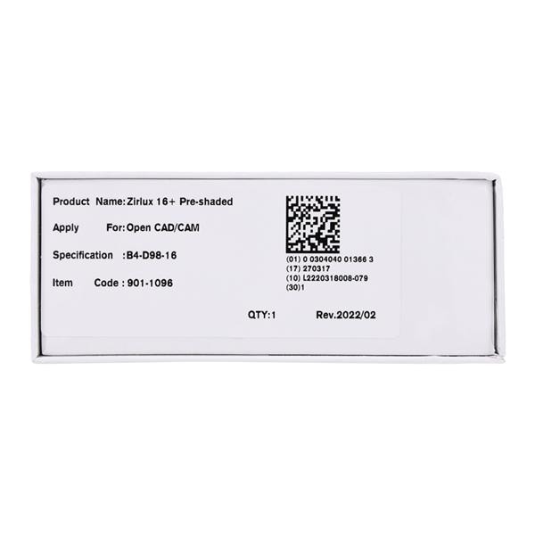 Zirlux16+ Zirconia Disc Preshaded B4 98x16 Ea