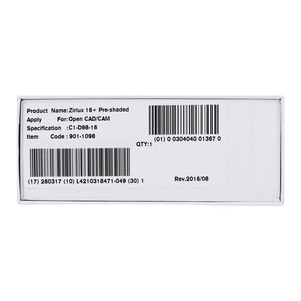 Zirlux16+ Zirconia Disc Preshaded C1 98x16 Ea