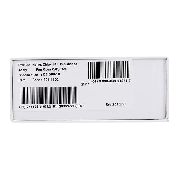 Zirlux16+ Zirconia Disc Preshaded D2 98x16 Ea