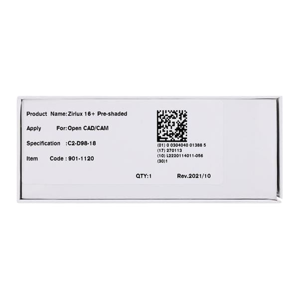 Zirlux16+ Zirconia Disc Preshaded C2 98x18 Ea