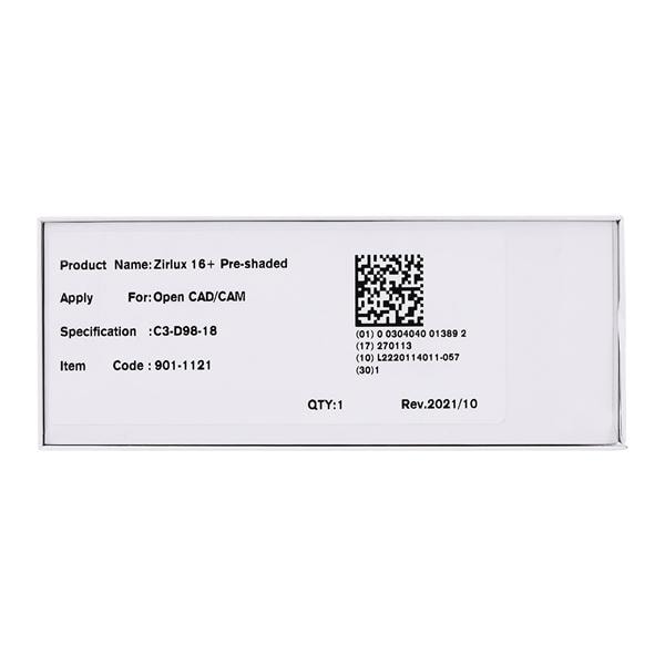 Zirlux16+ Zirconia Disc Preshaded C3 98x18 Ea