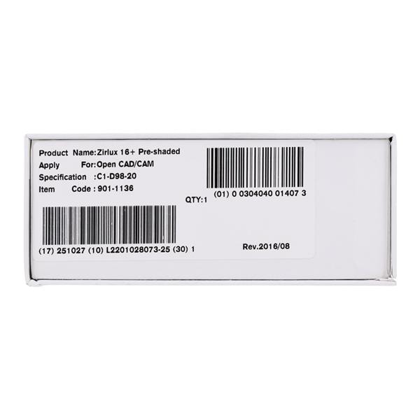 Zirlux16+ Zirconia Disc Preshaded C1 98x20 Ea