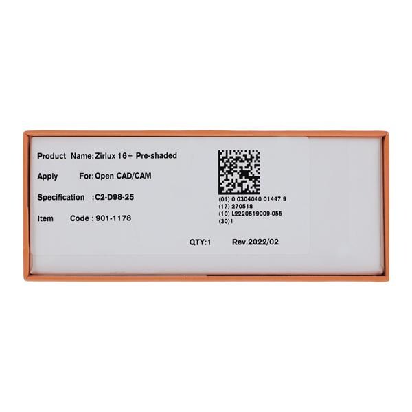 Zirlux16+ Zirconia Disc Preshaded C2 98x25 Ea