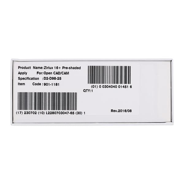 Zirlux16+ Zirconia Disc Preshaded D2 98x25 Ea