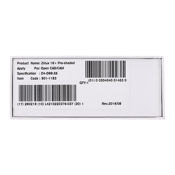 Zirlux16+ Zirconia Disc Preshaded D4 98x25 Ea