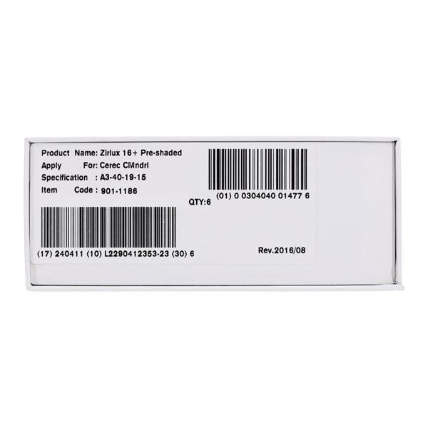 Zirlux 16+ Zirconia Block Preshaded A3 40mm x 19mm x 15mm 6/Bx