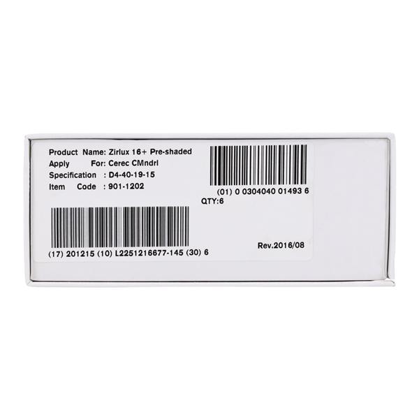 Zirlux 16+ Zirconia Block Preshaded D4 40mm x 19mm x 15mm 6/Bx