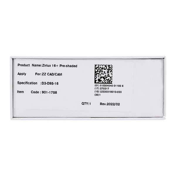 Zirlux16+ Zirconia Disc Preshaded D3 95x16 Ea