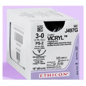 Coated Vicryl Plus Suture 3-0 18" Polyglactin 910 PS-2 Undyed 12/Bx