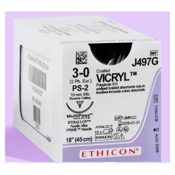 Coated Vicryl Plus Suture 3-0 18" Polyglactin 910 PS-2 Undyed 12/Bx